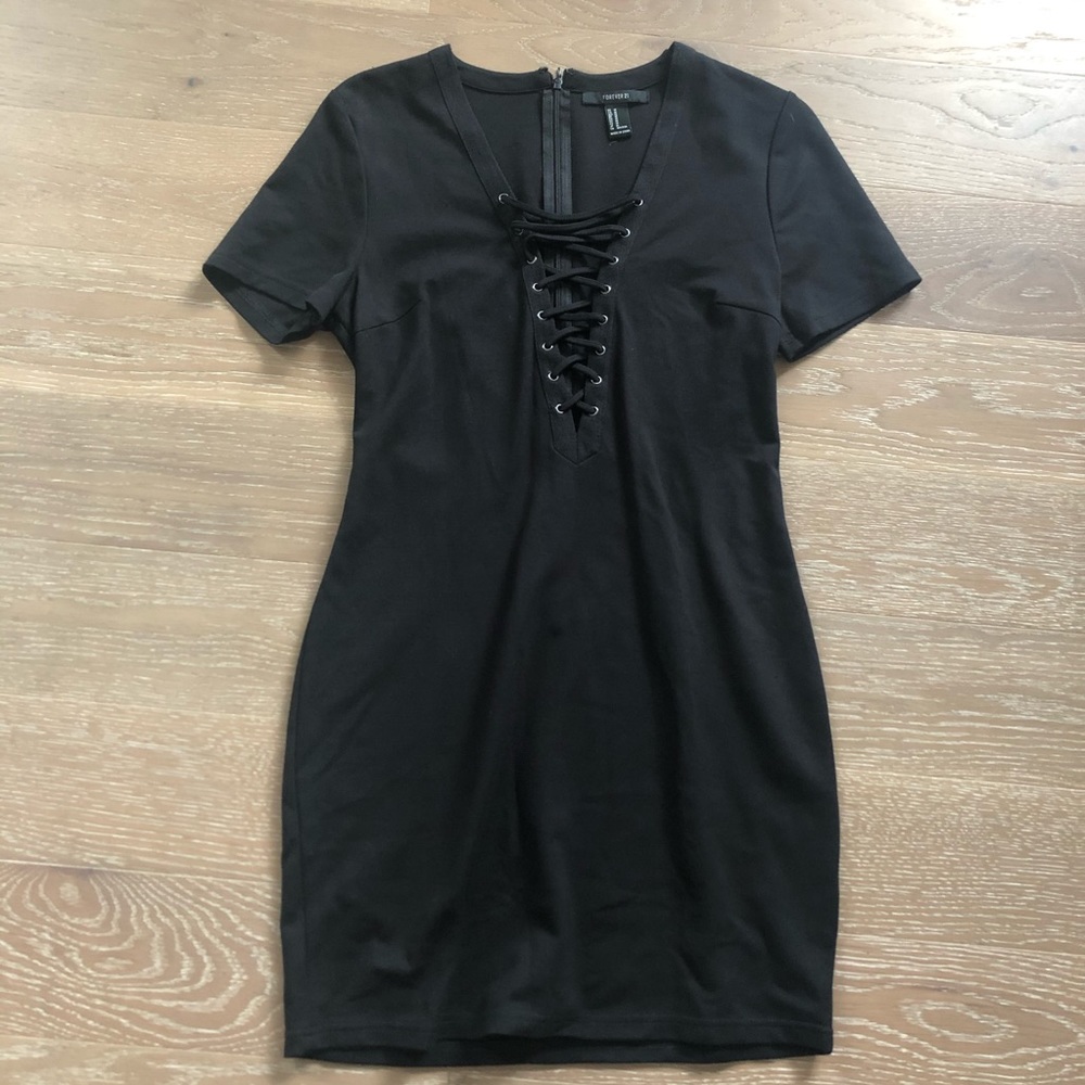 Black lace up neck dress